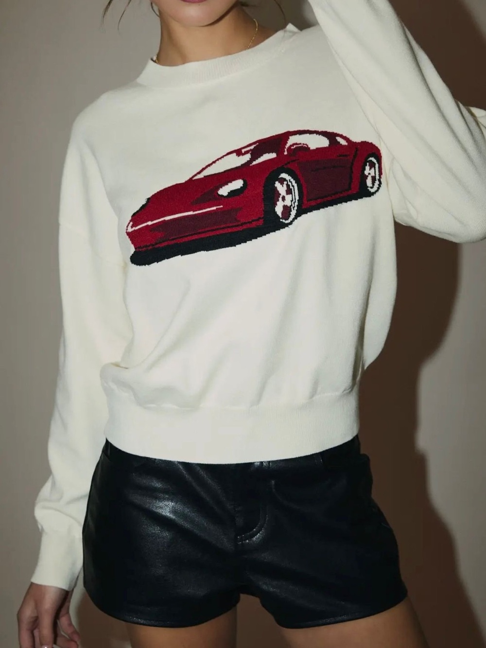 White Sweater with Red Sports Car Motif